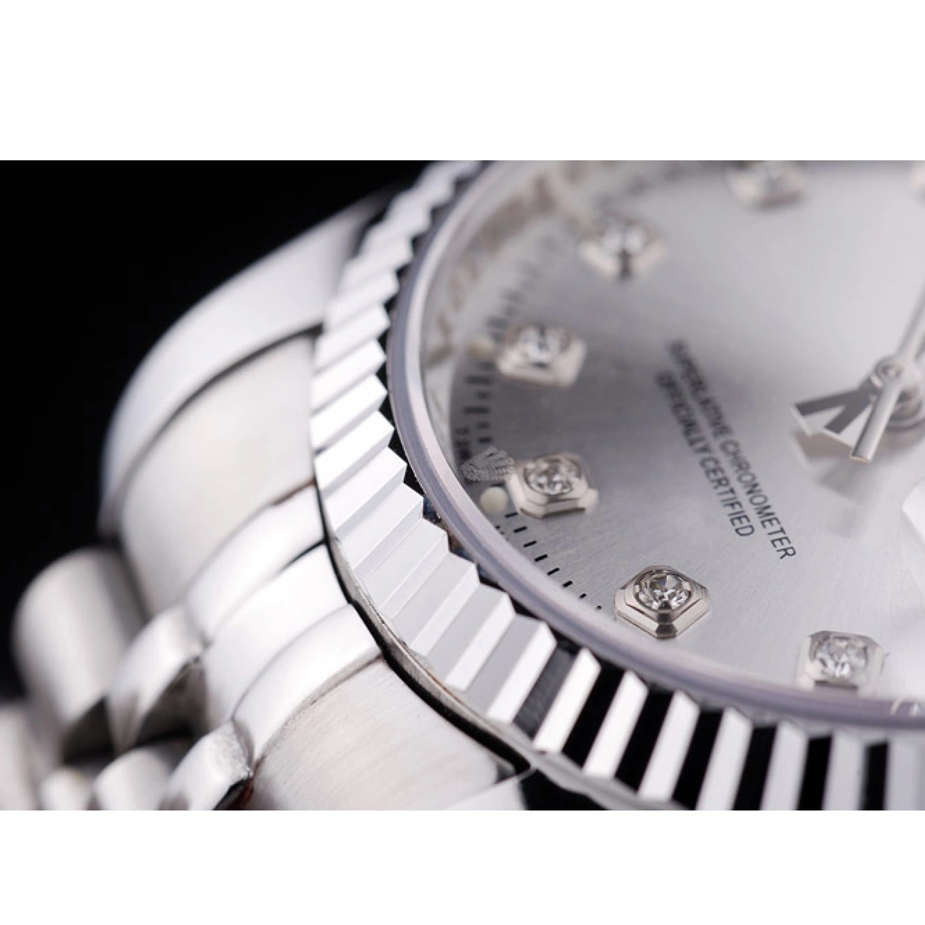 Aaa replica watch Diamonds Ribbed Rolex Bezel 7455 Datejust Silver Dial 0723
